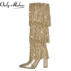 Onlymaker Women Pointed Toe Gold Fringe Metallic Slim Knee Boots Sexy Dance Party Dress Chunky Heel Boots