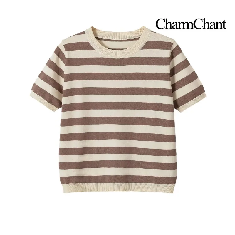 CHARMCHANT Women's Striped Solid Crew Neck Short Sleeve Knit Top Slim Casual Sweater Multi Color Summer 2026