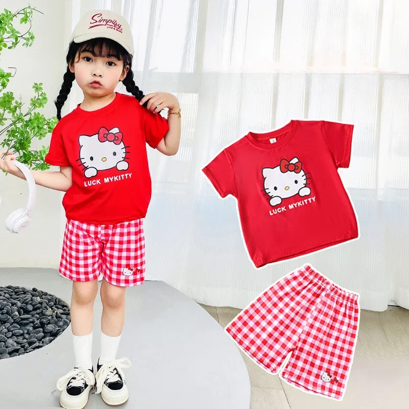 Camiseta de manga corta con estampado de dibujos animados para niños y niñas, kawaii conjuntos de ropa para niños pequeños, Tops y pantalones cortos, trajes de Kitty Kuromi para niños, novedad de verano