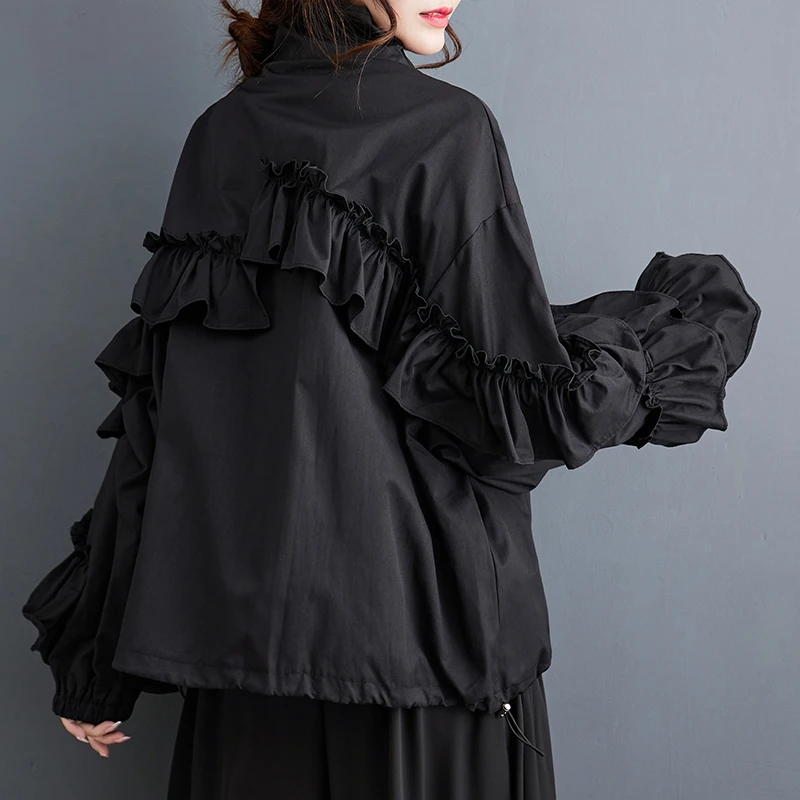 Women\'s Black Solid Color Ruched Jacket Casual Loose All Match Oversize Fashion Standing Vintage Collar Coat 2023 Spring Autumn