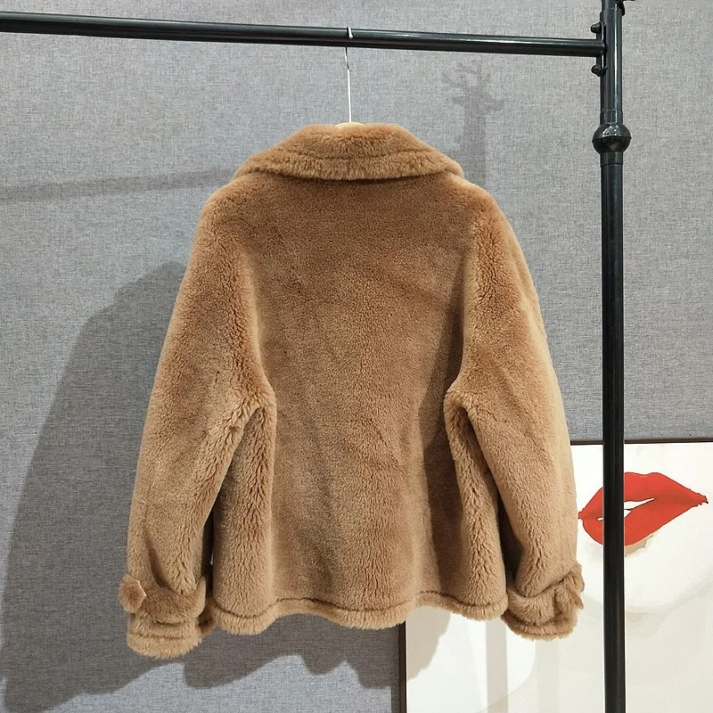 Vrouwen Schapen Shearling Pak Kraag Winterjas Dames Echt Wollen Bont Dubbele Rij Knopen Korte Warme Jas Parka Pt415