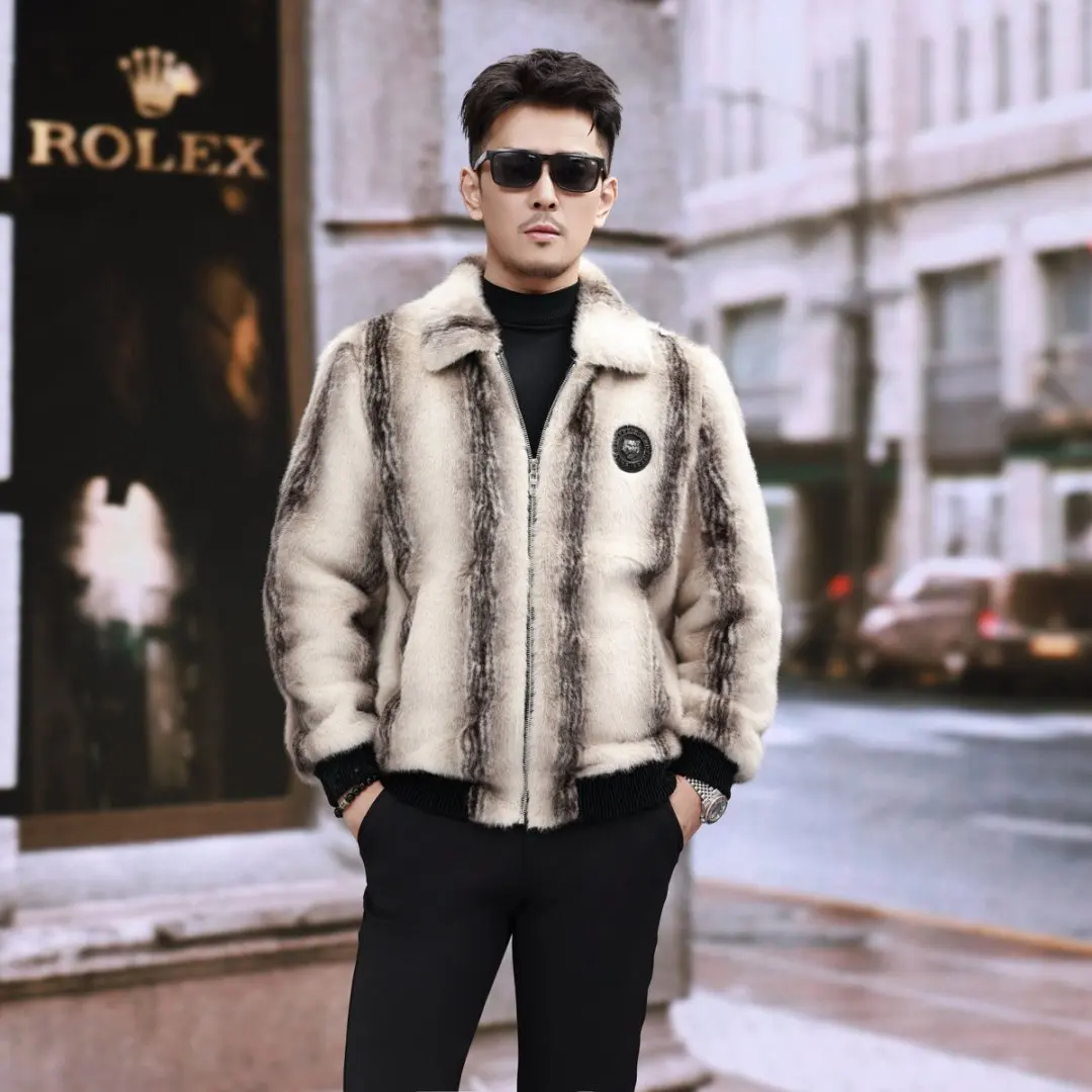 Men Turn-down Collar Zipper Long Sleeve Casual Elegant Luxury Faux Fur Jackets Winter New Fashion American European Coats Tops