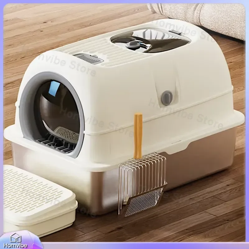 Large Fully Enclosed Stainless Steel Cat Litter Box with Odor Control Oversized Self Cleaning Cat Toilet for Multiple Cats