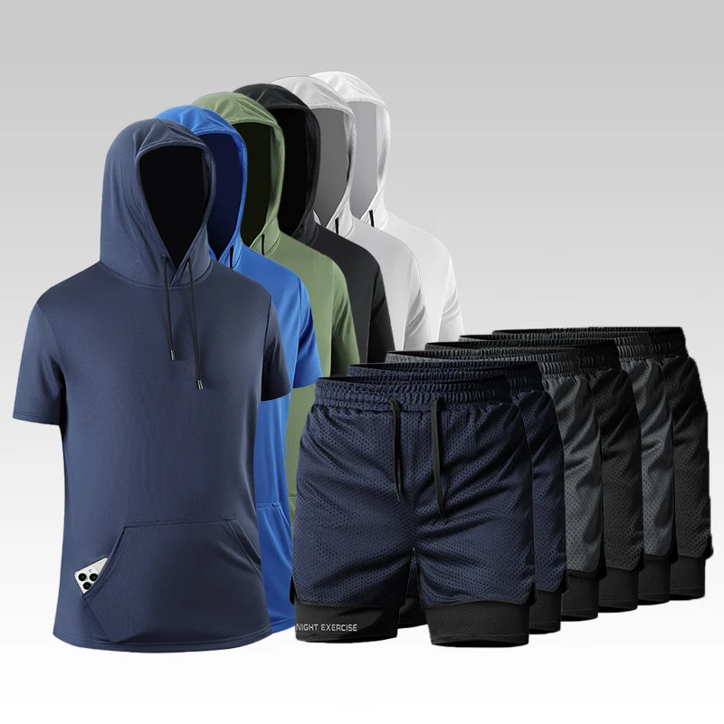 

Men's Athletic Hooded Short-Sleeve T-Shirt Mesh Two-in-One Shorts Set Fitness Sets Breathable Quick-Dry