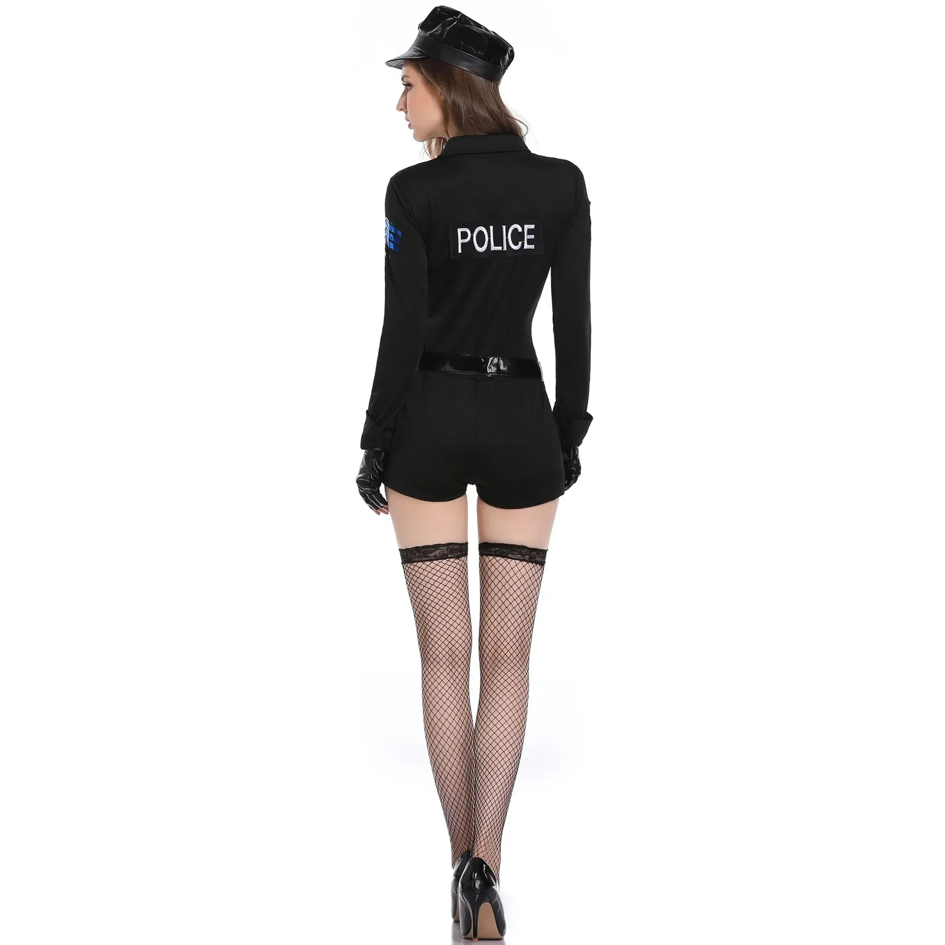 Uniforme de policial sexy feminino, traje de Halloween, roupa erótica com zíper, vestido extravagante de festa carnaval, azul e preto, cosplay