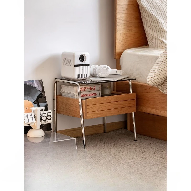Small Nightstand Solid Cherry Wood Bedside Table Compact Storage Cabinet Scandinavian Modern Space Saving Furniture for Bedroom