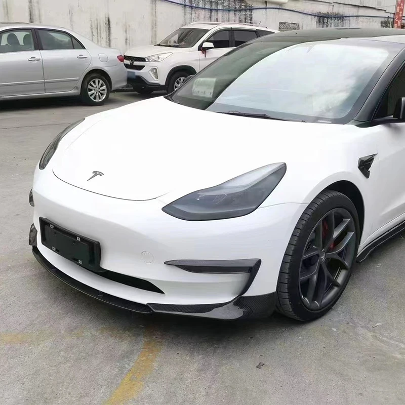 LMTUNING Carbon Fiber Front Bumper Lip Spoiler Splitter Side Body Kit Trim Protection Compatible with 2017-2020 Tesla Model 3