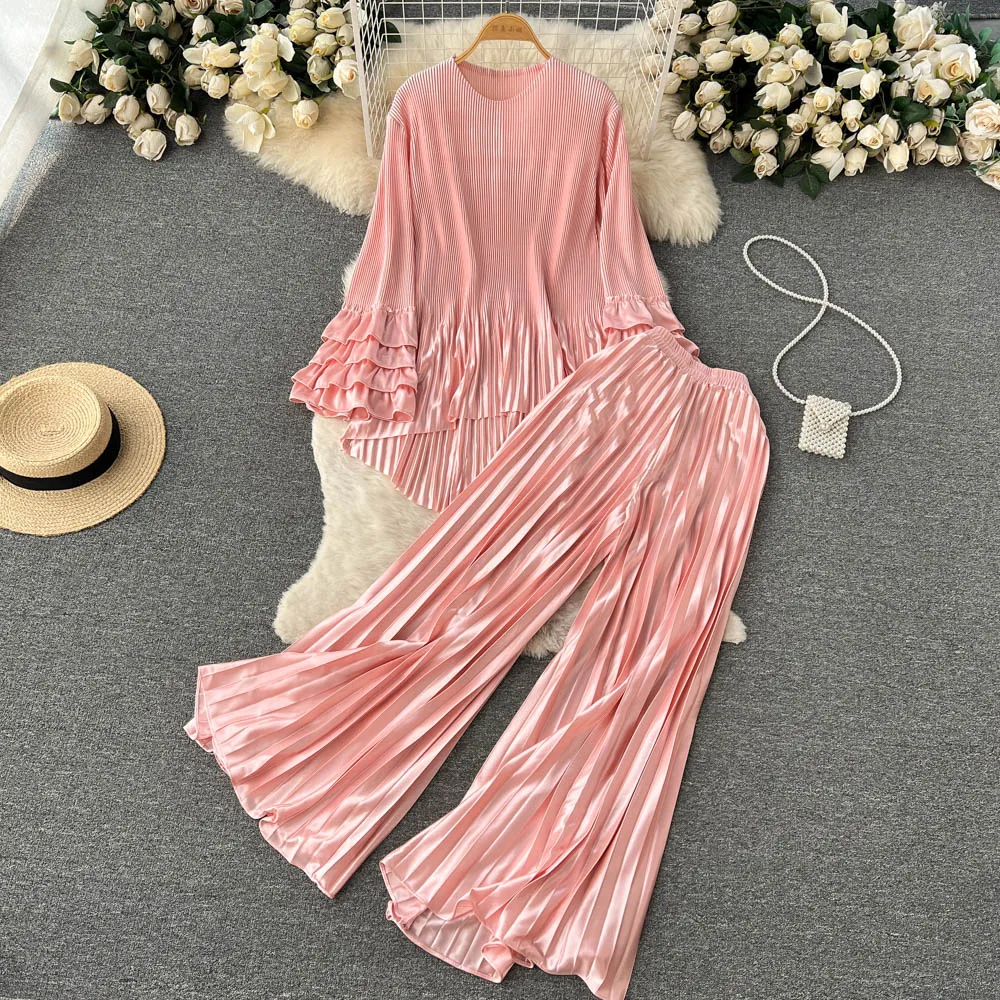 Pleated Elegant Summer Fashion Set For Women\'s 2023 Red Irregular Bubble Sleeve Loose Chic Top+Two Piece Wide Leg Pants Outfit