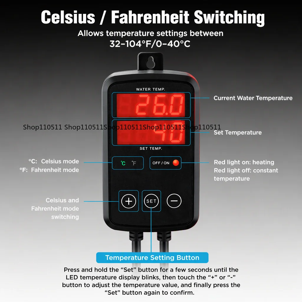 100W-3000W titanium stainless steel submersible heater, digital display fish tank heater, temperature controller