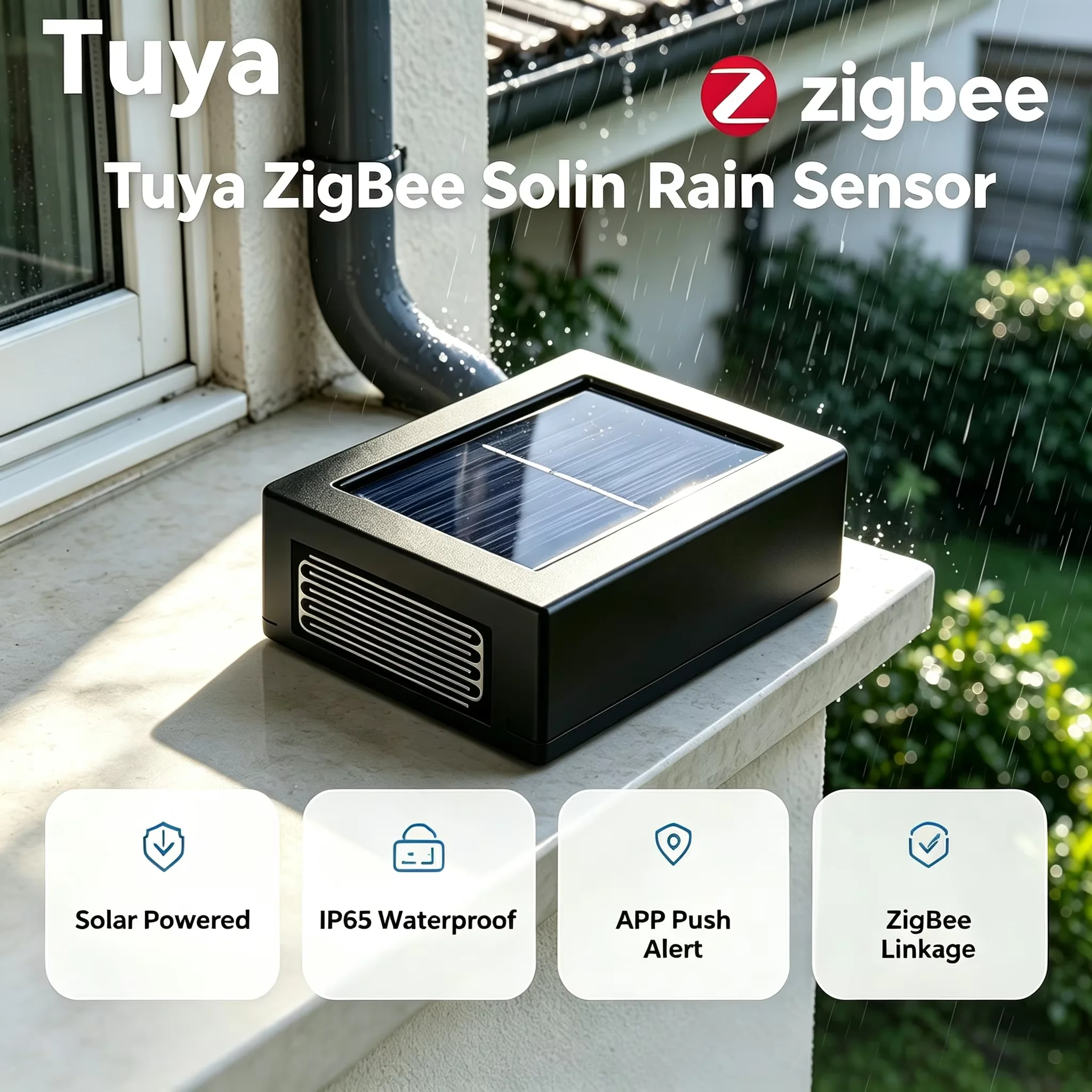 Low power Solar Charging Rainwater Sensor Detector Water Leak Alarm Outdoor Waterproof Supporting Tuya Smart LifeZigbee Protocol