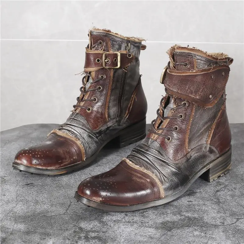 

YETTIES 2025 New Men's British Vintage Work Boots, Side Zipper High Top Motorcycle Boots, Leather & Durable Fabric Combat Boots