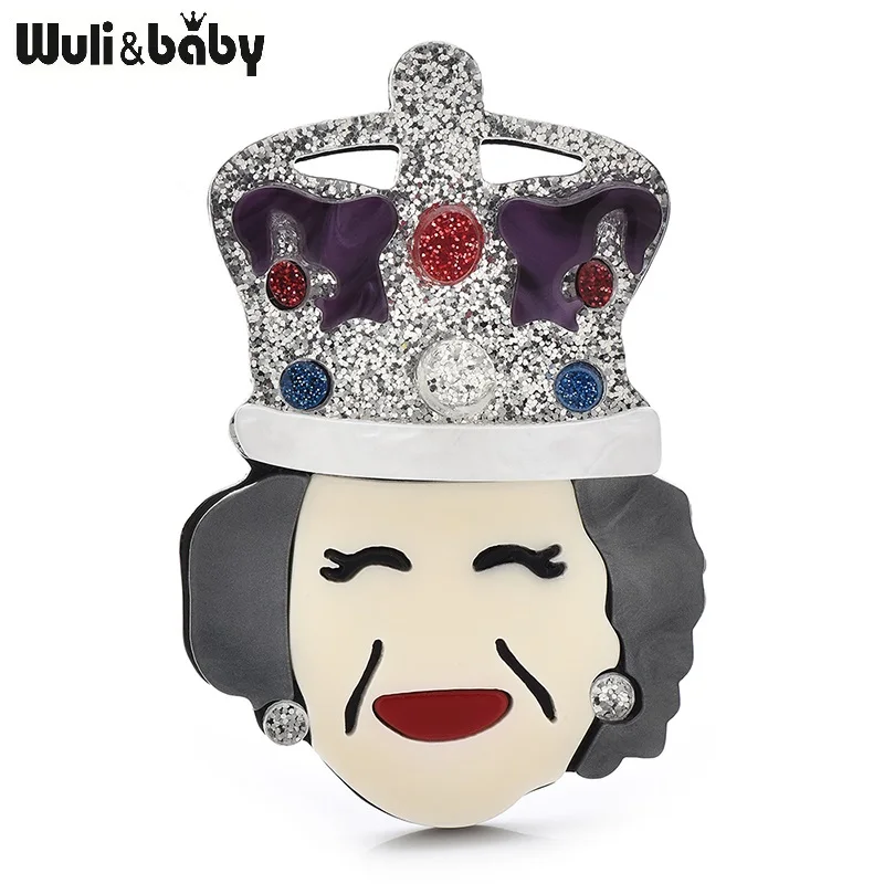 Wuli&baby Acrylic Wear Crown Queen Brooches Pins For Women 2-color Beautiful Smile Lady Figure Party Office Brooch Pins Gifts