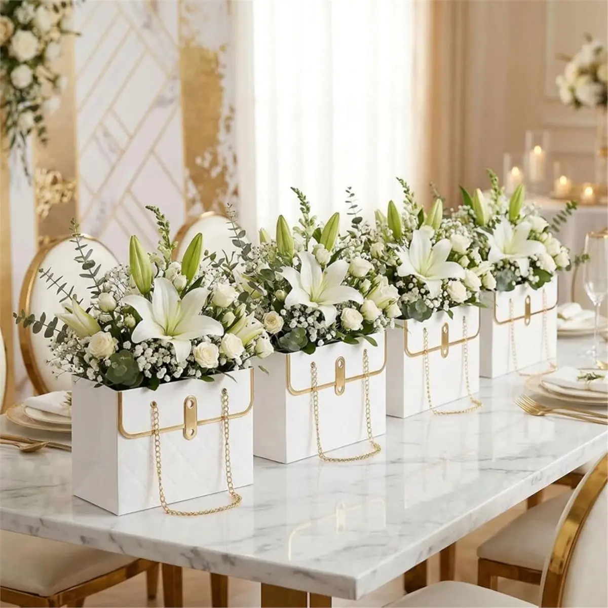 Time Saving 15 Pack Flower Paper Gift Bag, Bouquet Portable Flower Handbag Box with Metal Chain, Rectangle Wedding Gift Wrap Bag