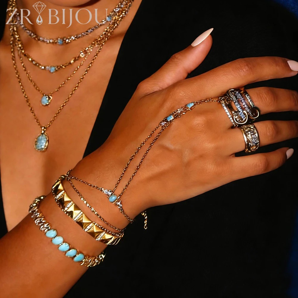 

2026 New High Quality Geometric Bezel Setted Blue Turquoises Stone Summer Hot Fashion Jewelry Women Hand Chain Bracelet