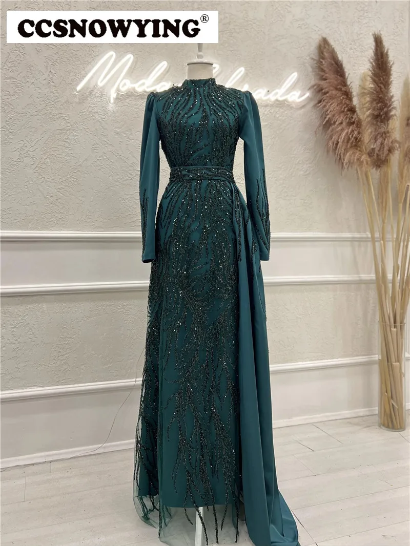 Luxury Appliques Long Sleeve Muslim Evening Dresses High Neck Islamic Hijab Formal Party Gowns Arabic Kaftan Robes De Soirée