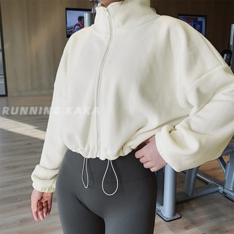 Athletic Women Fleece Jacket Drawstring Waist Coat Zip Up Stand Collar Long Sleeve Warm Running Gym Workout Outerwear Top