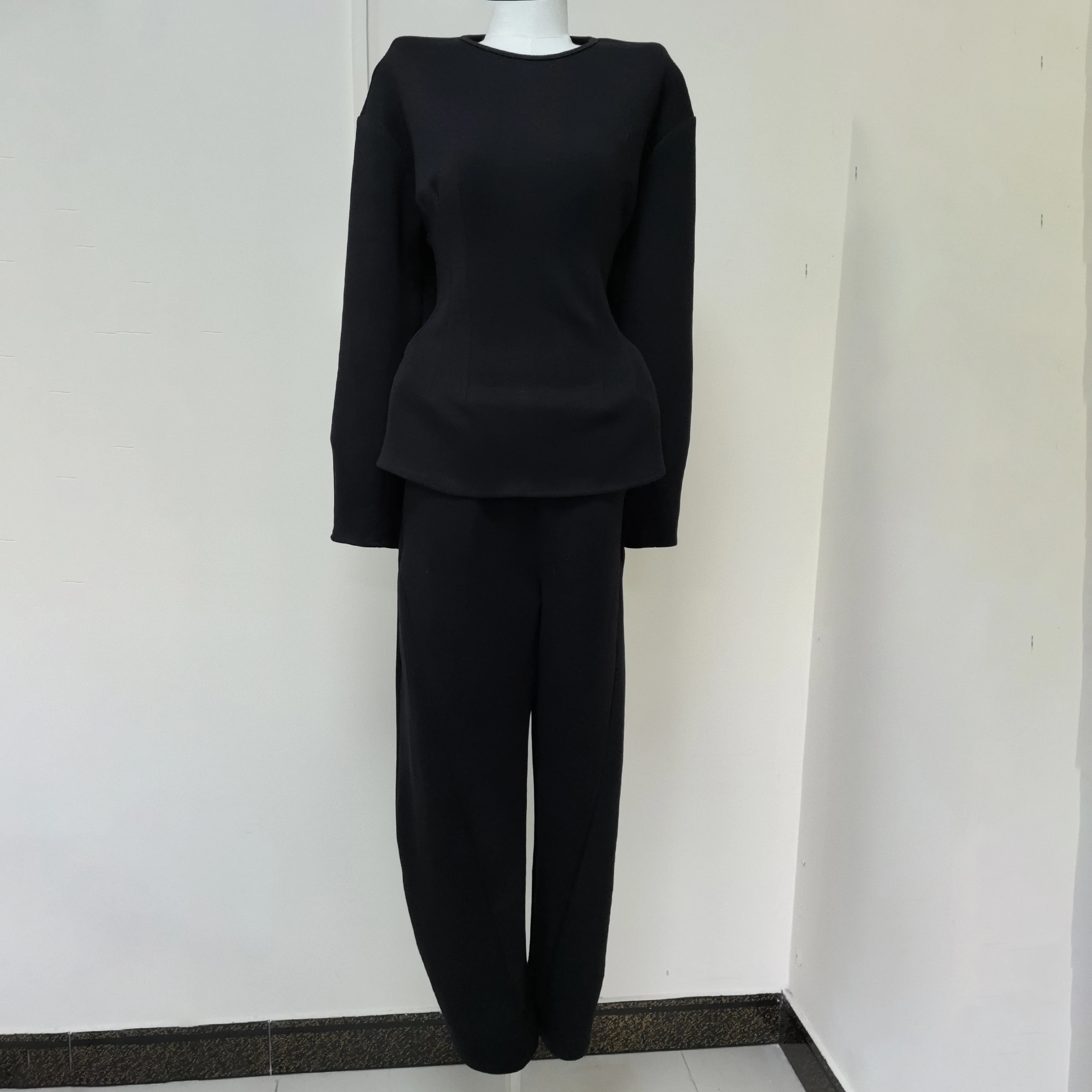 NOVA 2026 Women's Black 2 Piece Outfits Oversized Long Sleeve Top Wide Leg Pants Set Casual Loose Streetwear Tracksuit