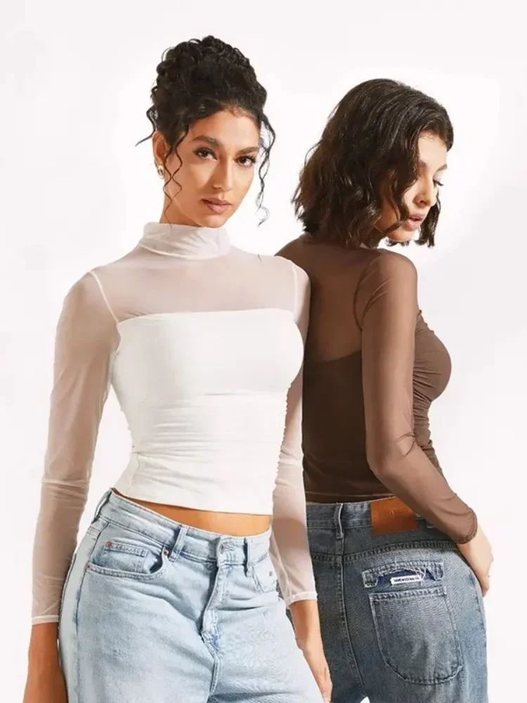 Transparent Mesh T-shirts Frauen Streetwear Einfarbig Ästhetische Kleidung Langarm Ropa Mujer Slim Fit Büro Dame Outfits