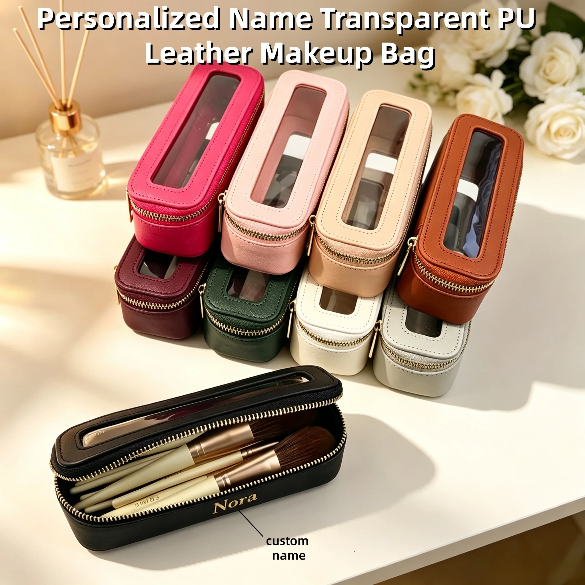Customized Name Personalized PU Leather Women's Transparent Makeup Brush Box, PVC Makeup Bag Women's Toiletries Accessories