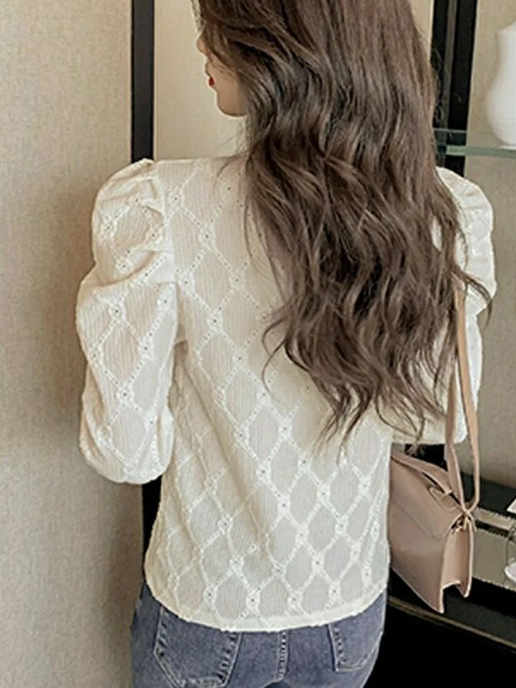 Fashion Solid Color Hollow Out Lace Blouse Women New Long Sleeve Classic Turtleneck Pleated Casual All-match Pullover Lady Shirt