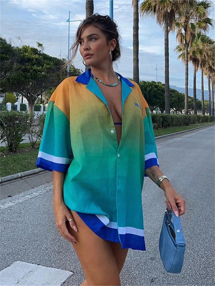 Beachear Womens 2024 Letter Print Gradient Short Sleeve Oversized Swimwear Women's Beach Cover Up Shirt Dresses Boho Cover-up