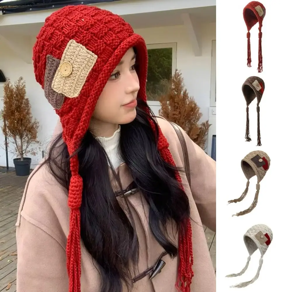 Harajuku تصميم محبوك قبعة مع شرابات طويلة الدفء يندبروف سدادات حماية الأذن قبعة زر الكورية نمط المرأة قبعة بحافة فتاة