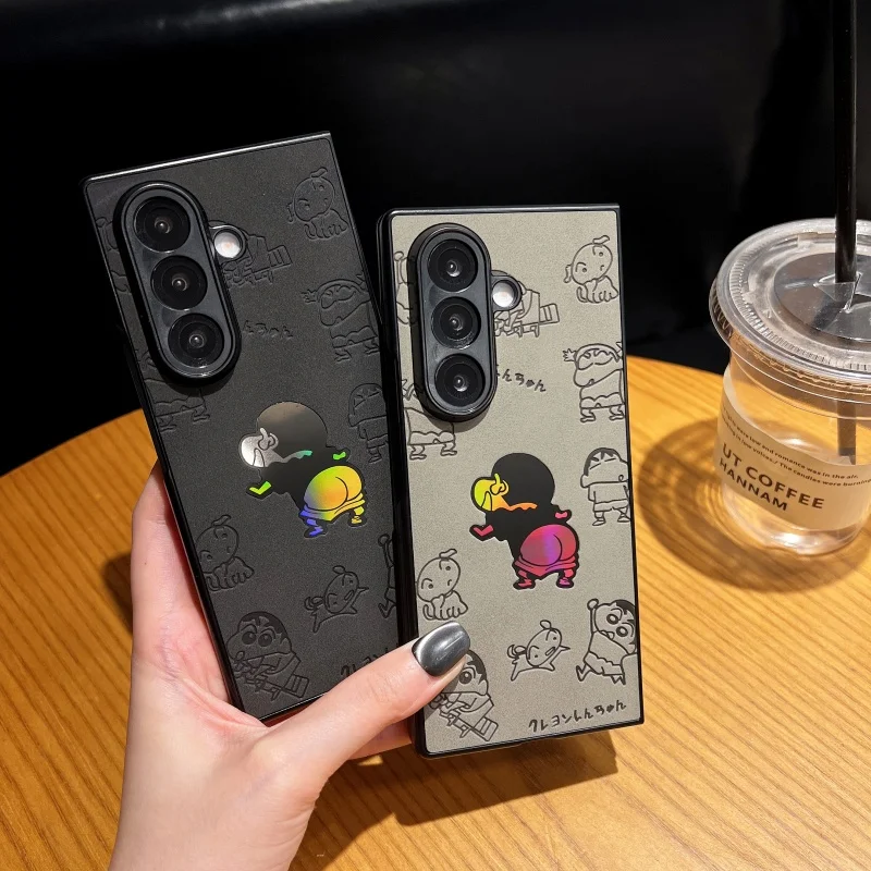 

Luxury Cute Cartoon Crayon Shin-chan Butt Laser Leather Folding Phone Case for Samsung ZFold 4 5 6 7 ZFold7 Anime Shinchan Cover