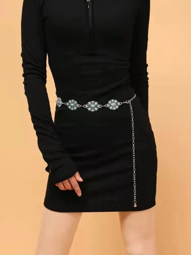 

Fashion Turquoises Decor Petals Zinc Alloy Dress Chain Belts for Women