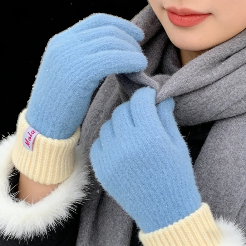 Modische warme Strickhandschuhe für Damen, Winter, kältebeständig, verdickt, verlängert, fingerlos, Touchscreen, Kontrastfarbe, Fäustlinge, Geschenke