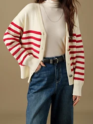 DUSHU Plus Size Two Color Collision Striped Knitted Cardigan For Women 2024 Winter New Design V-neck Casual Chic Coat 24DS84110