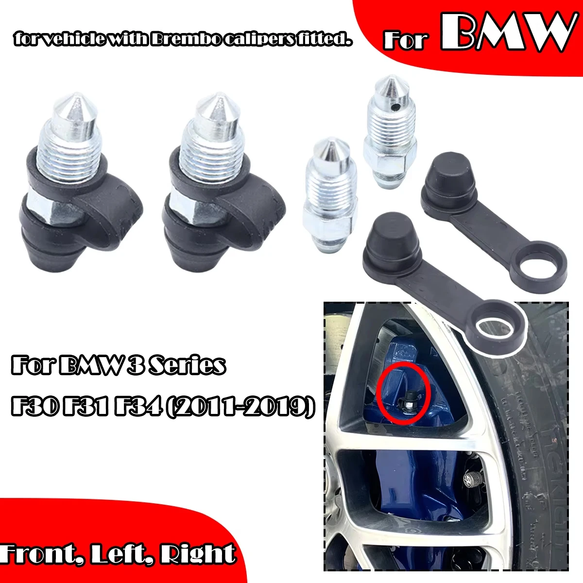 

For BMW 3 Series F30 F31 F34 Front Left Right Brake Caliper Bleed Nipples Screws Repair Kit Bleeder Valves Dust Caps 2011-2019