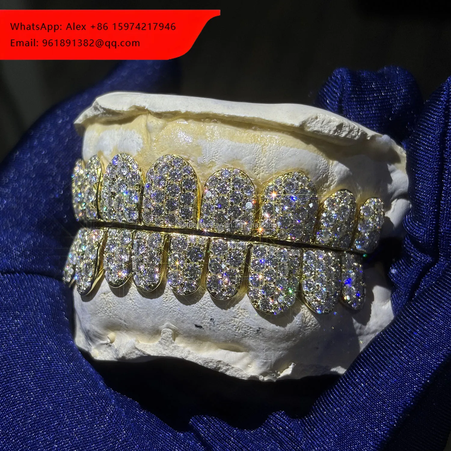 

Custom Top Bottom 6 8 10 S925 Silver Yellow Gold Plated VVS Moissanite Iced Out Lab Diamond Perm Cut Solid Gold Grillz For Teeth