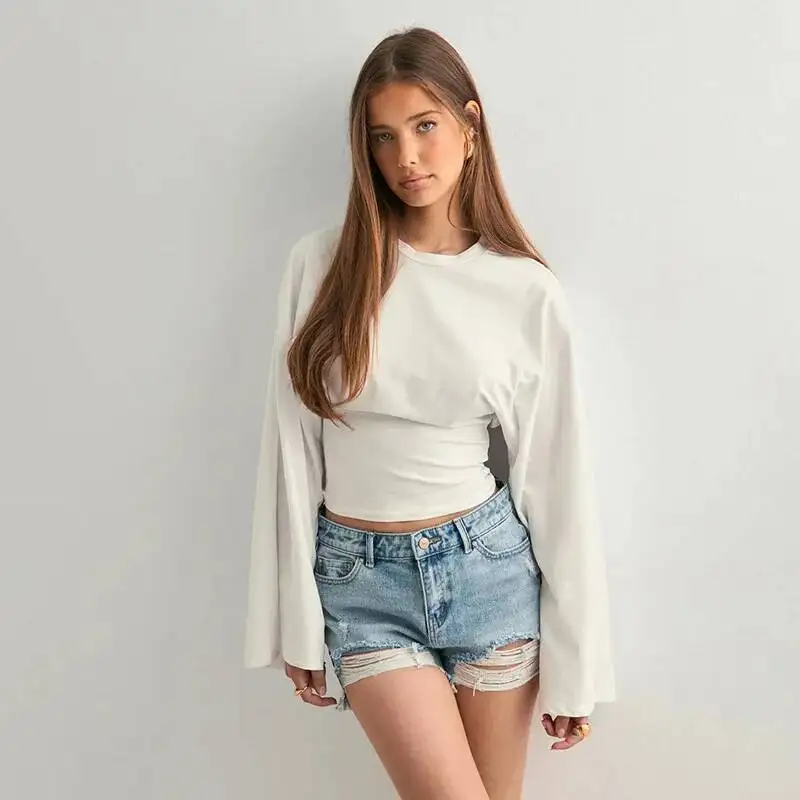 Women T-shirt 2026 Spring New Women's Solid Color Long Sleeve Top Round Neck Regular Shoulder Wide Sleeve Slim Waist Sexy Blouse