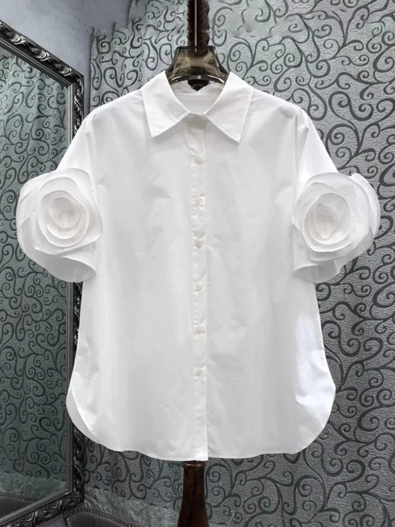 Turn Down Collar Stereo Flower Chic Short Sleeve Shirts Blusas Mujer De Moda 2024 Spring Summer Single-breasted Vintage Blouses