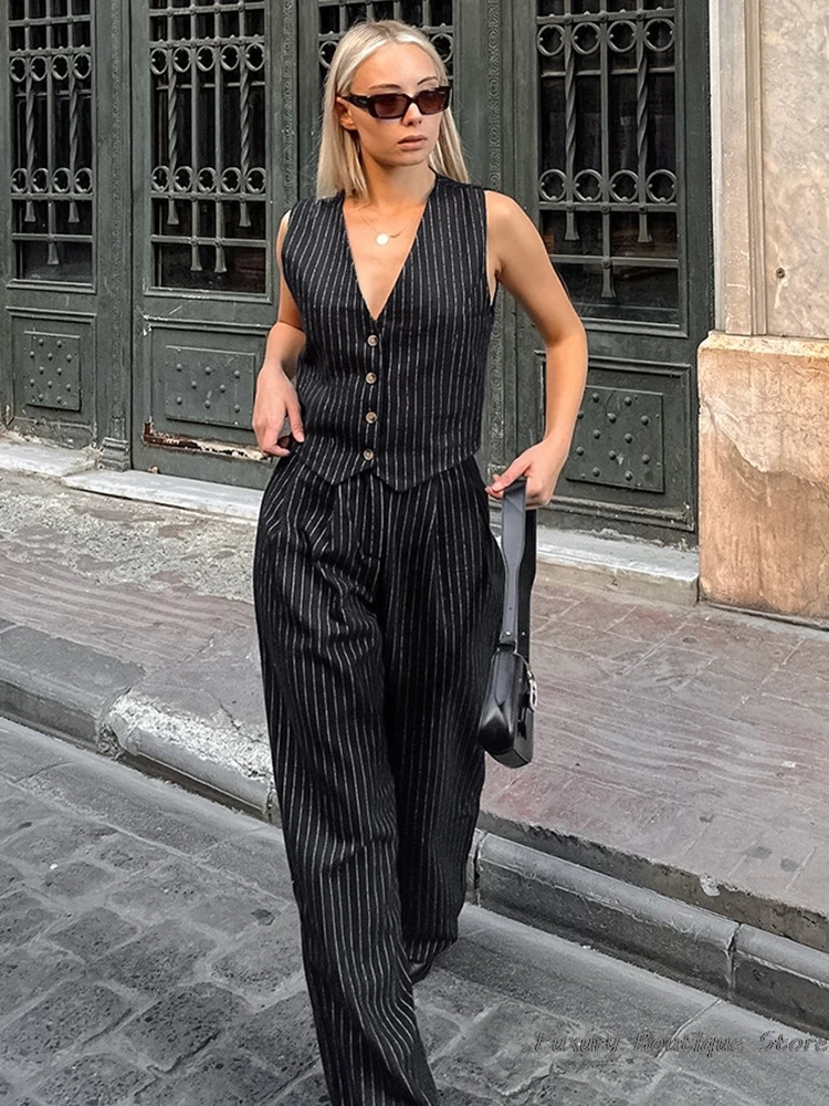 Conjunto de dos piezas para mujer, Top y pantalones de piernas anchas, ropa de calle a rayas, trajes de oficina, verano, 2024