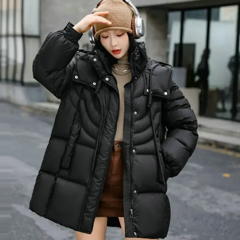 Women's Mid-Length Hooded Down Coat, Loose Casual Jackets, Drawstring Outerwear, Warm, Trendy, Winter