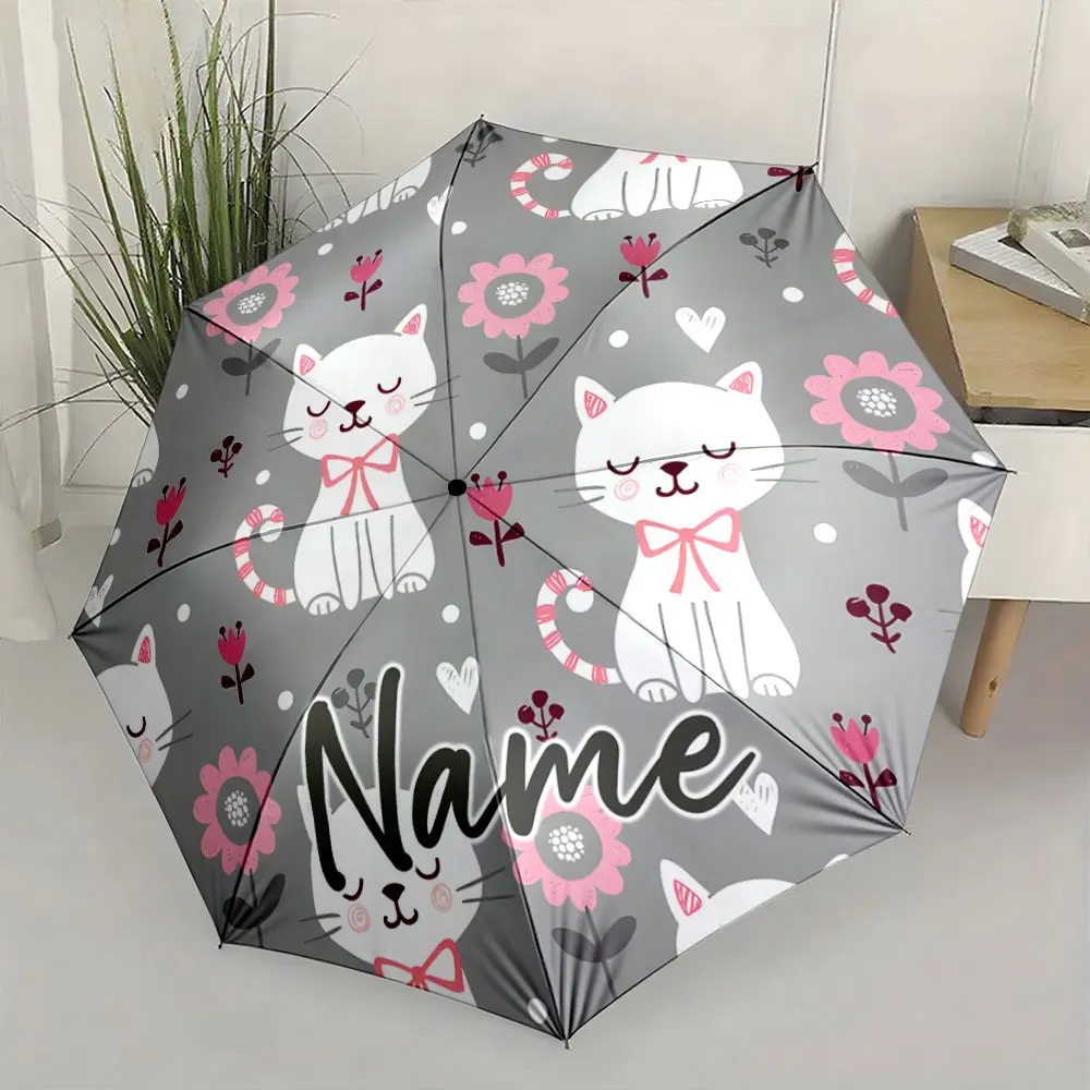 Custom Name Umbrella Cute Cat and Flowers Umbrella Design Print 8 Iron Ribs Folding Umbrella Auto-Open Fashion Sunshade