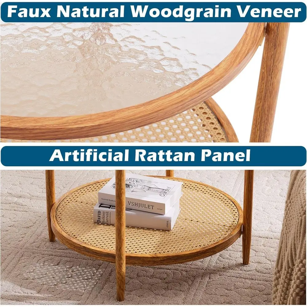 Round Rattan Coffee Table with 2-Tier Storage, Modern Glass Top Center Table for Small Spaces, Farmhouse Style Living Room Furni