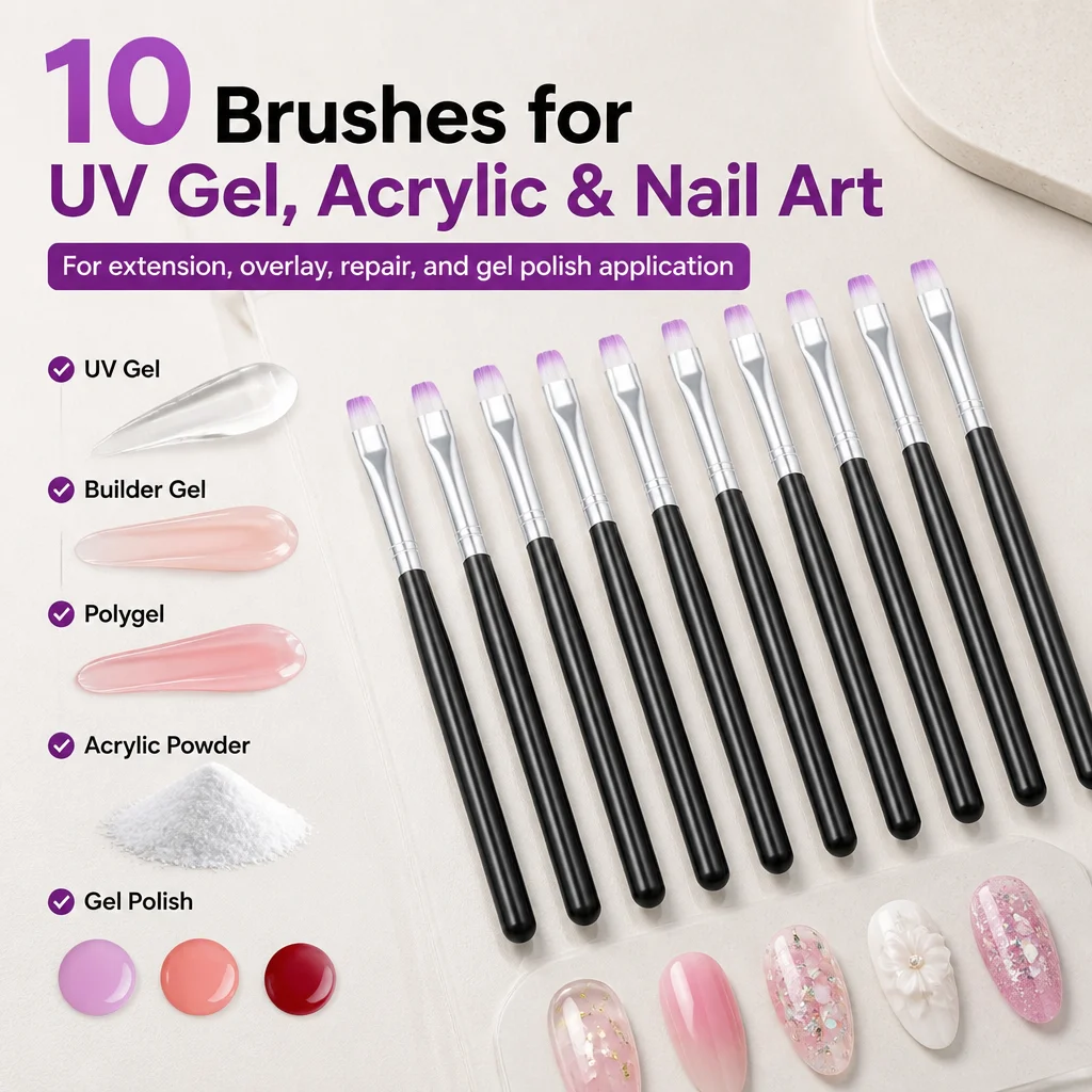 Flat Nail Art Brush Set 7mm UV Gel Builder Poly Gel Acrylic Extension Overlay Painting Manicure Black Handle Beginner Salon DIY