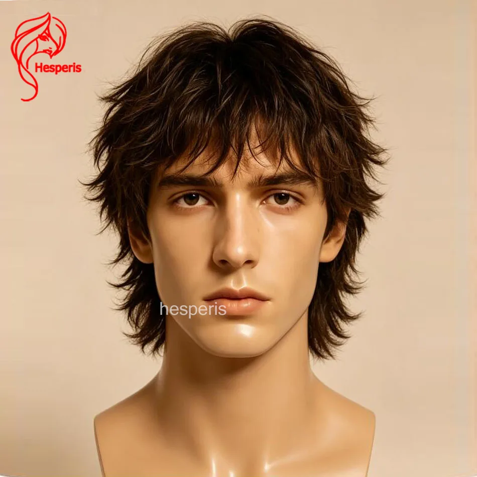 Hesperis Brown Men's Layered Wave Curly Mullet Wig Brazilian Remy Hair 13x6 Frontal Pre-Styled Short Cut with Bangs Male Hair