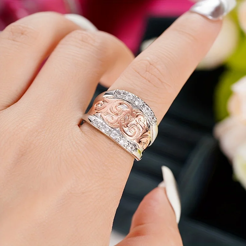 1 قطعة حلقة واسعة منقوشة بلونين - قطعة واحدة من مجوهرات شخصية كلاسيكية للسيدات #4