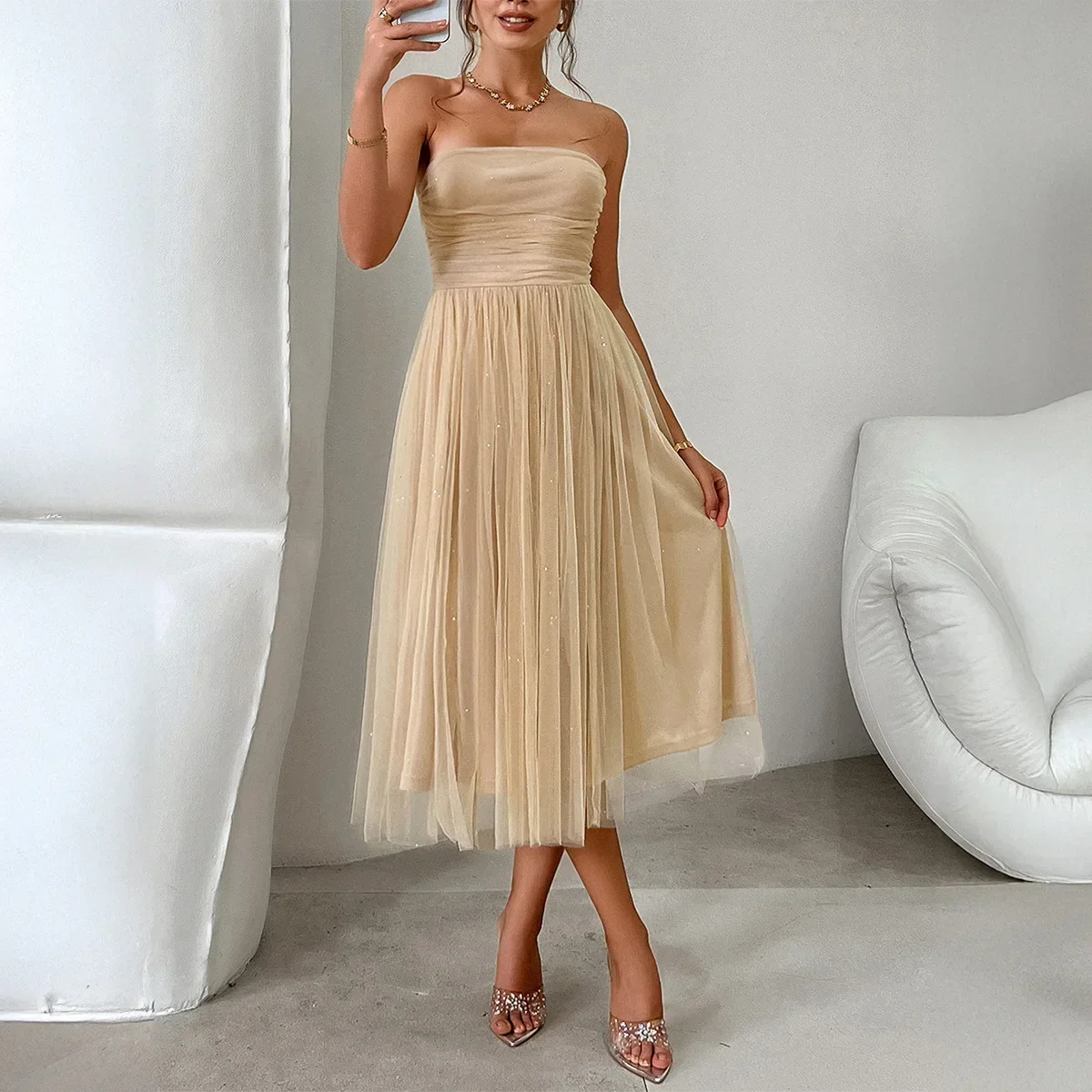 LIBIELIY Chest Wrapped High Waist Gauze Midi Dress Summer Solid Color Bright Women's Evening Dress Fashion Simple Ladies Prom Pa