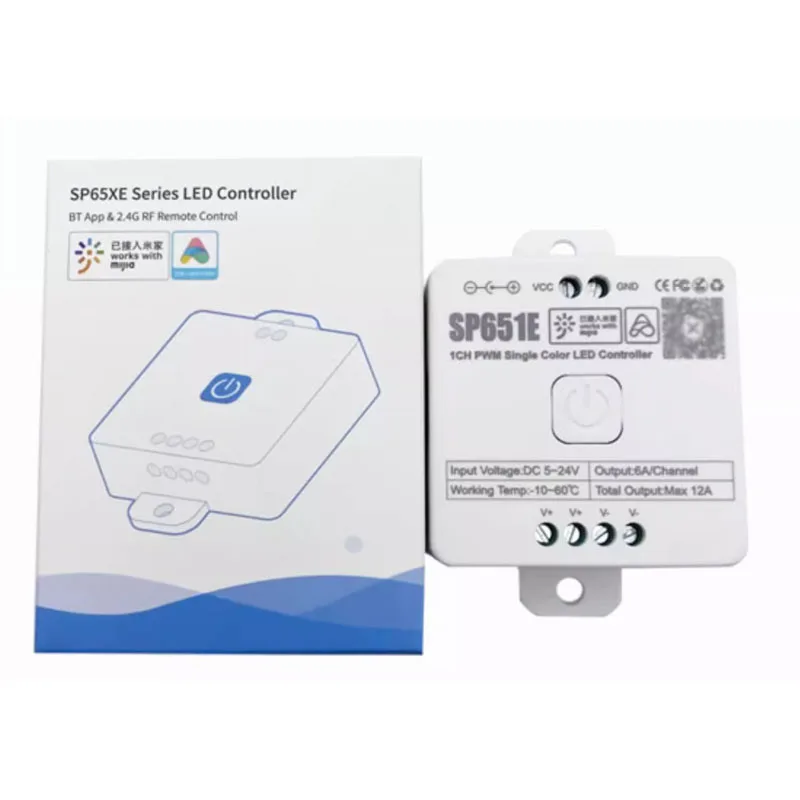 SP651E Single-Channel PWM BT LED Controller - Compatible with Mi Home & Voice Control, 5-24V Dimming for Monochrome LED Strips