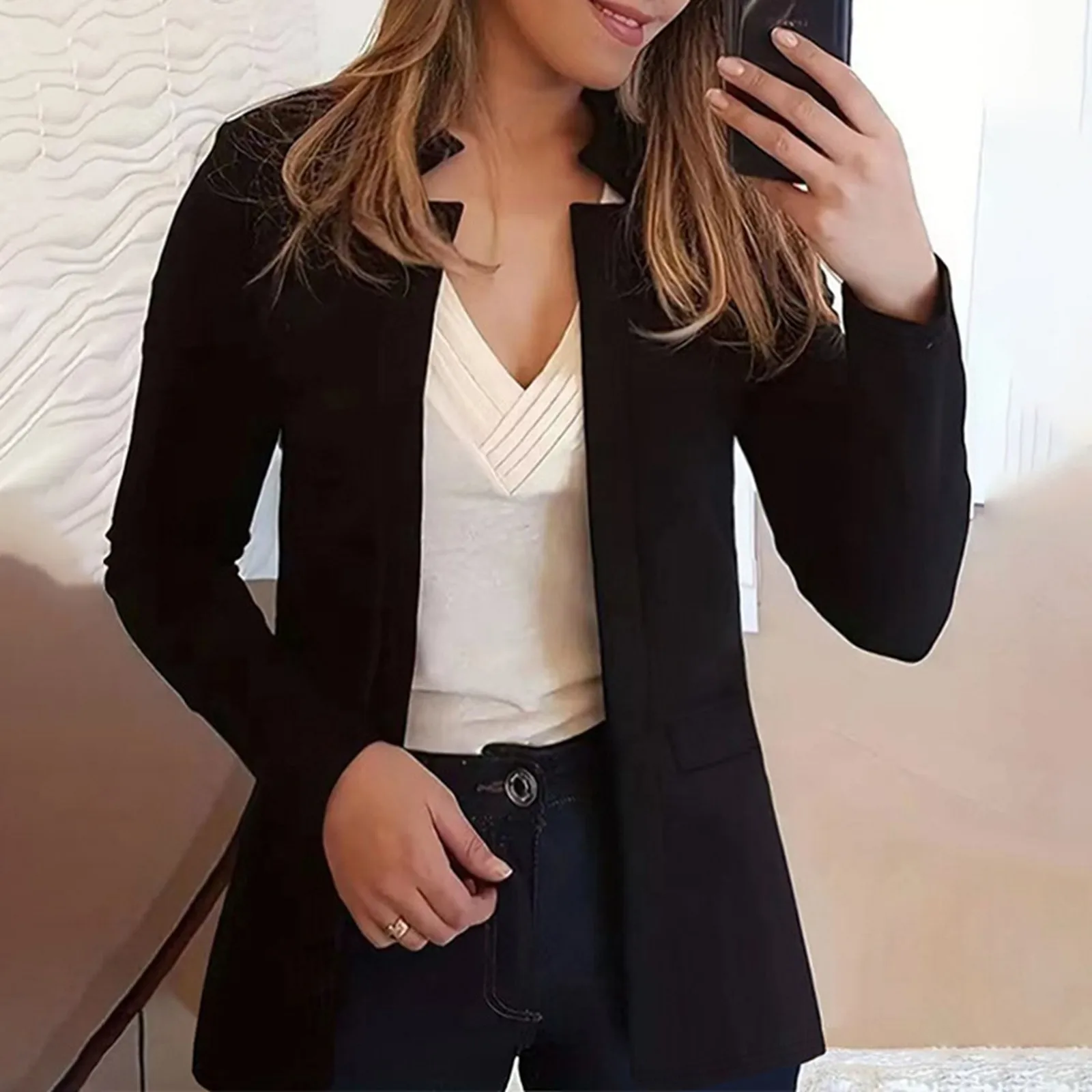 Women\'s Fashion Small Suit Casual Career Pocket Cardigan Coat Solid Elegant Spring Trendy Slim Business Office Casual Women Coat