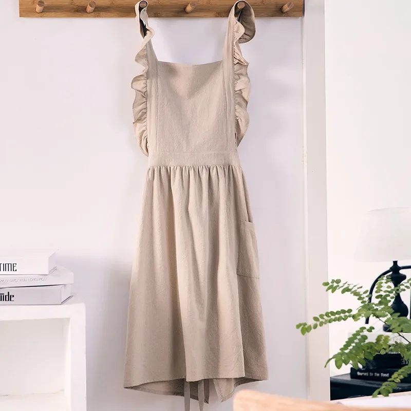 Japanese Korean Flouncing Kitchen Coffee Shop Working Falbala Apron kawaii Home Cotton Linen Pinafore with Lotus Leaf Lace