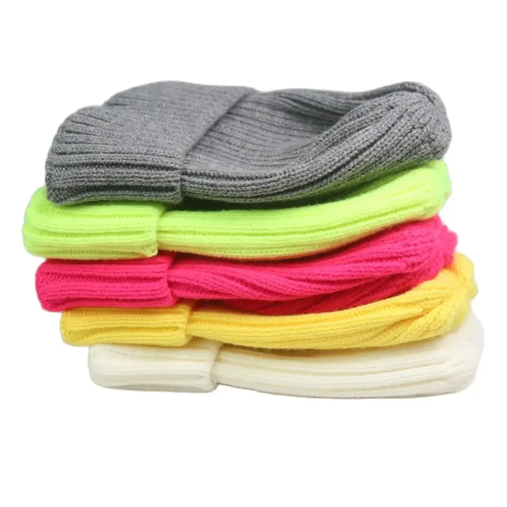 Bright Plain Knit Beanie Winter Women\'s Hats Blank Crochet Striped Skullies Cap Neon Yellow Hot Pink Grey White