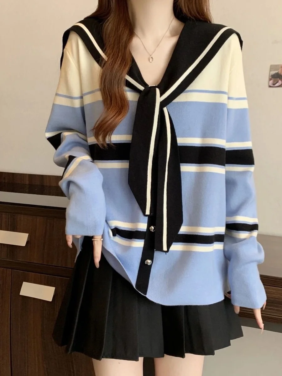 

Spring Autumn 2026 Loose Fit Women's Knitted Navy Collar Stripe Sweater Sweet College Style Soft Cotton Rabbit Velvet Long Sl...