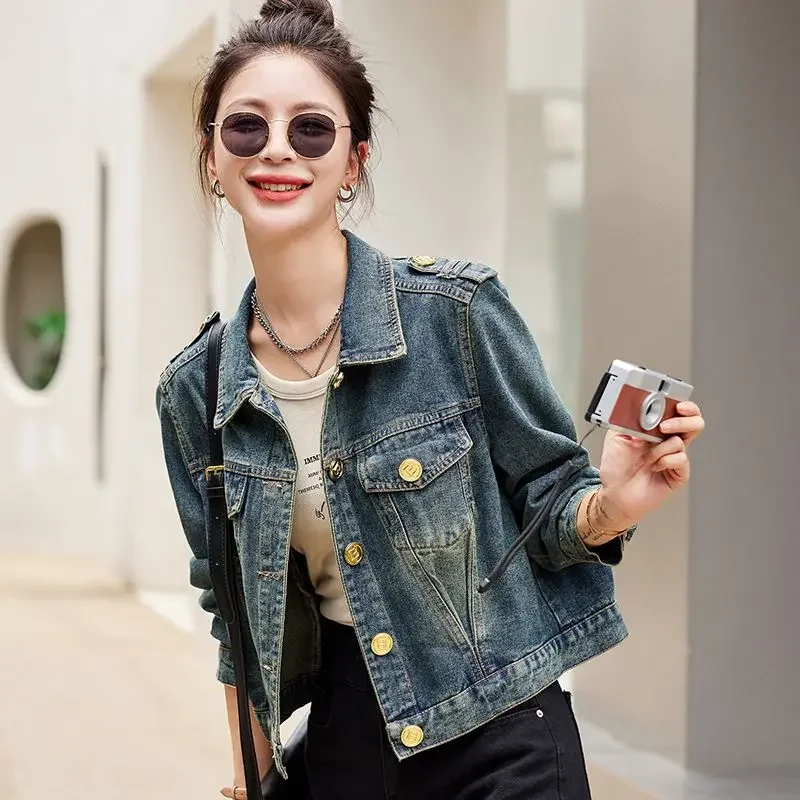 Studded Denim Jacket for Women Crop Spring Autumn Short Small Cowboy Coat Woman Korean Reviews Many Clothes Outerwears Youthful