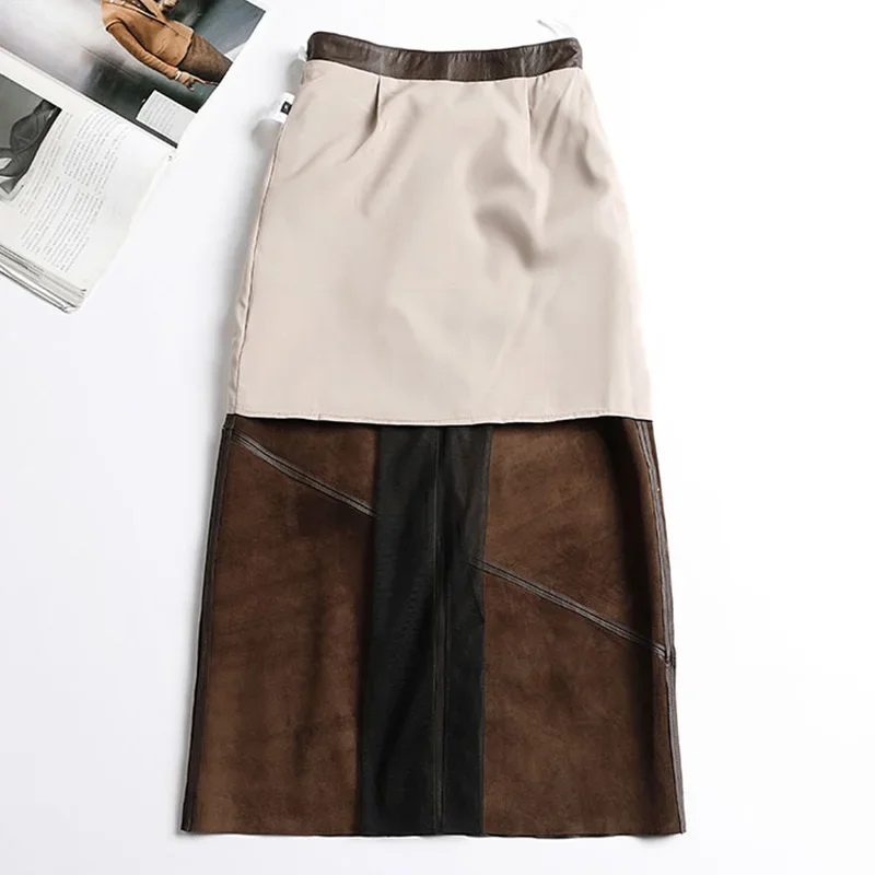 New Design High Waist Split Genuine Sheepskin Leather Skirts for Women