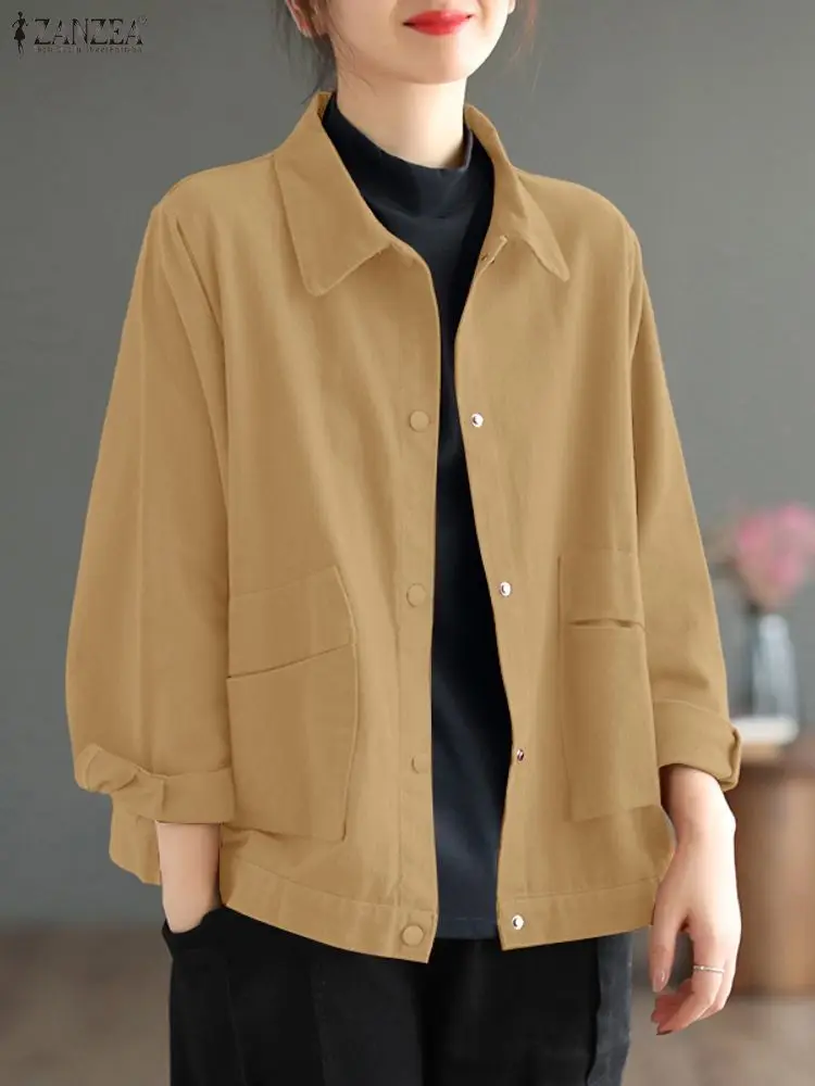 ZANZEA الخريف المرأة سترة قميص الصلبة رقيقة جاكيتات معاطف 2025 موضة التلبيب الرقبة بلوزة طويلة الأكمام أزرار عادية أسفل معاطف